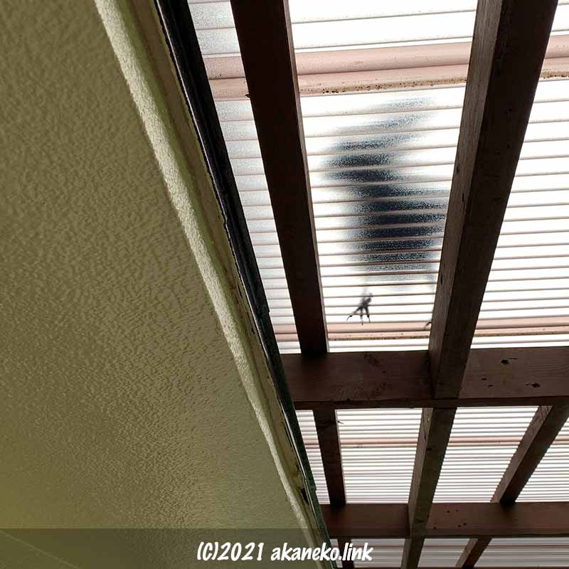 ウッドデッキの屋根に透けて見えるカラスの影